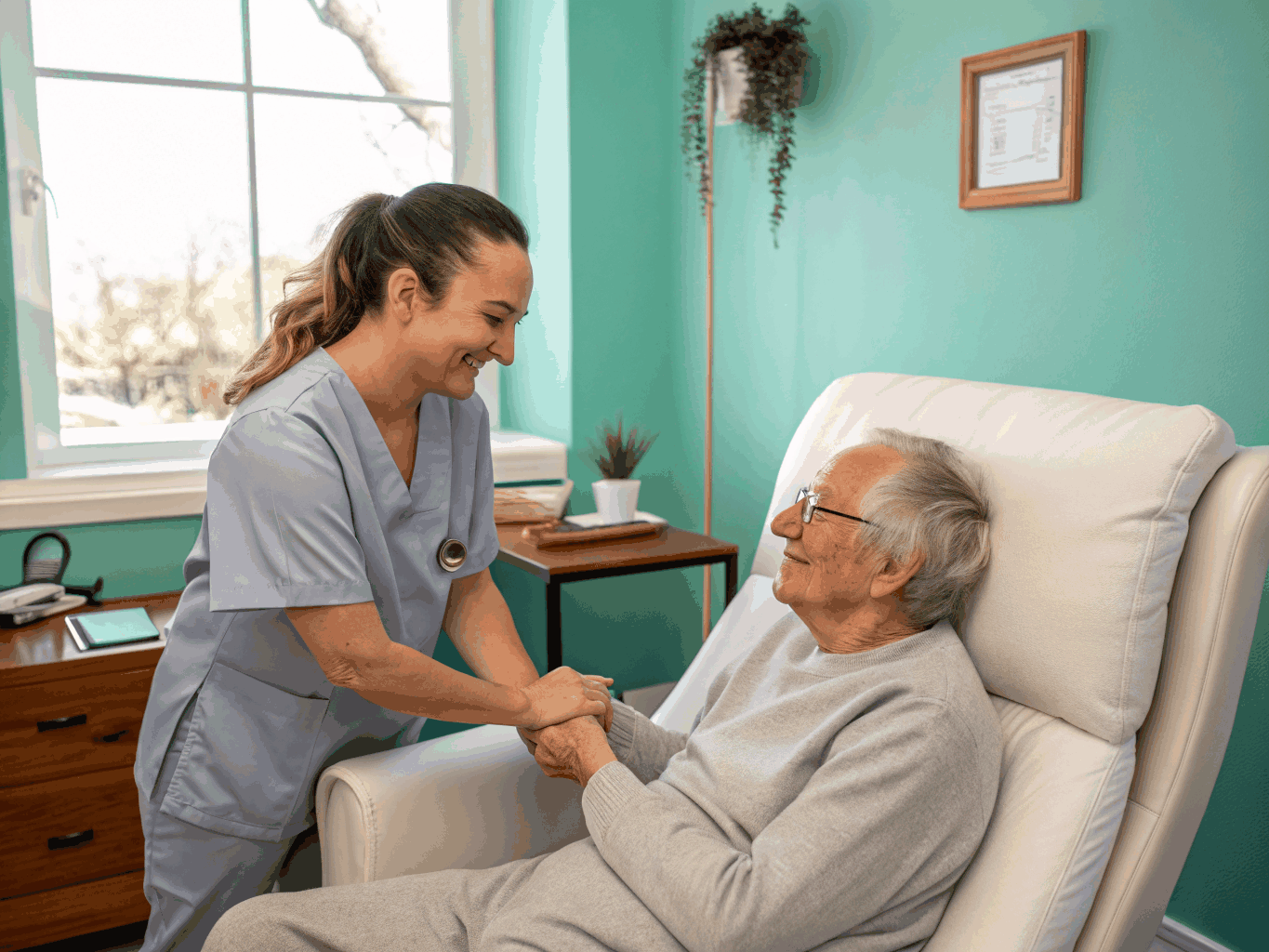 Compassionate healthcare professional providing support in a modern, bright environment